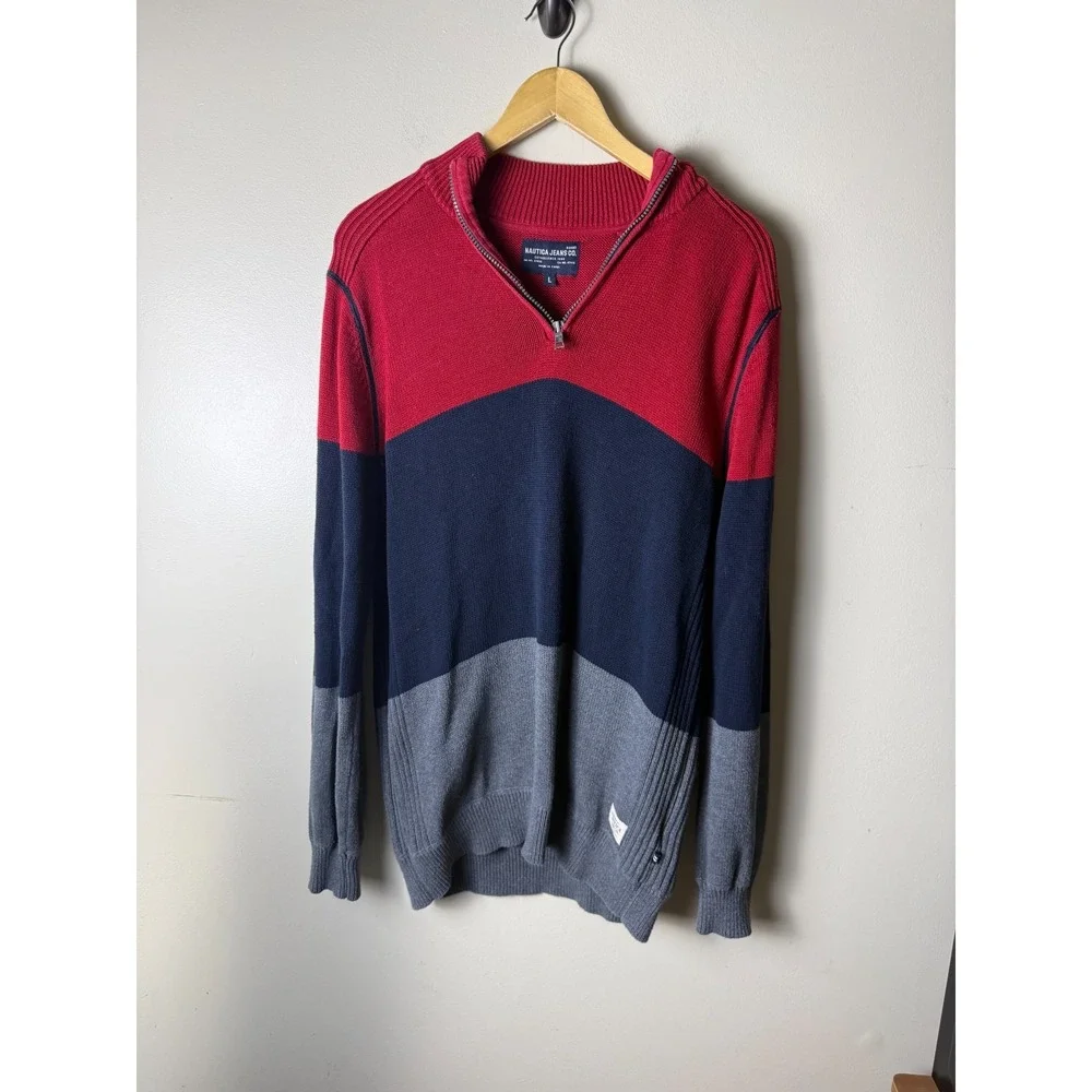 Vintage Nautica Jeans Co Quarter Zip Color block Knit Sweater Mens L Red Navy